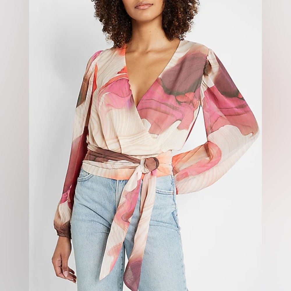 EXPRESS Printed Faux Wrap Tie Waist Top
